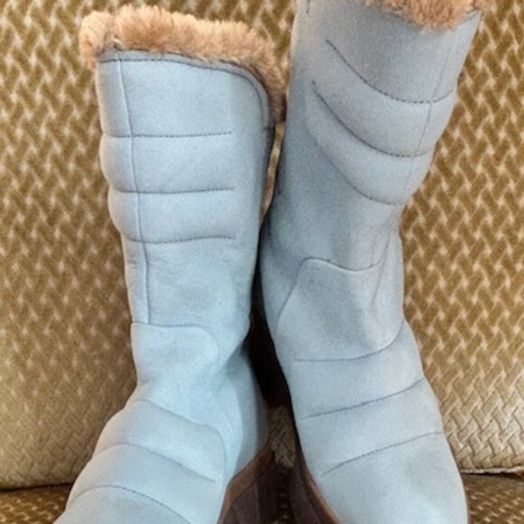 Free People Fable Faux Fur Leather Sky Blue Suede Platform Lug Sole Boots NEW - Picture 16 of 16